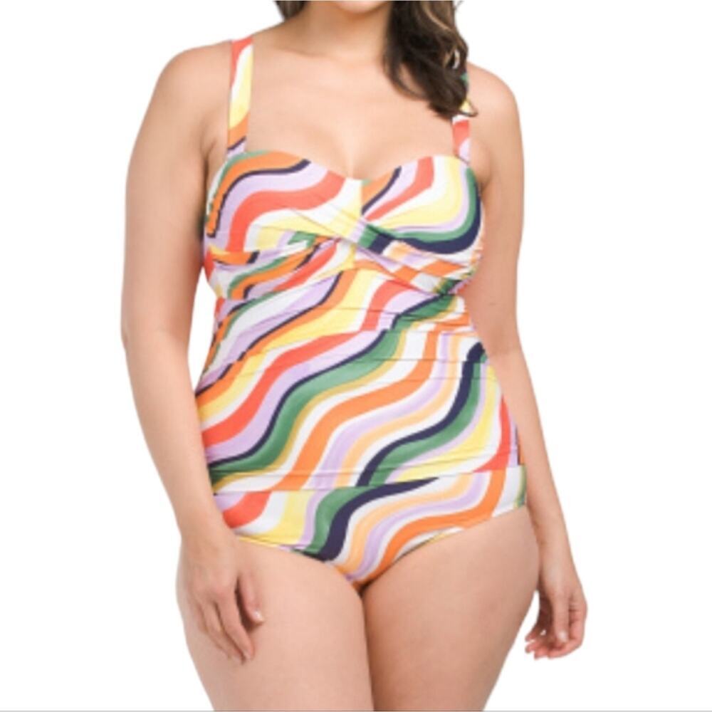 Anne Cole Women's Orange Shirred Maillot Colorful Tropical 1 Pc Swim Suit 20 2X - Picture 3 of 7